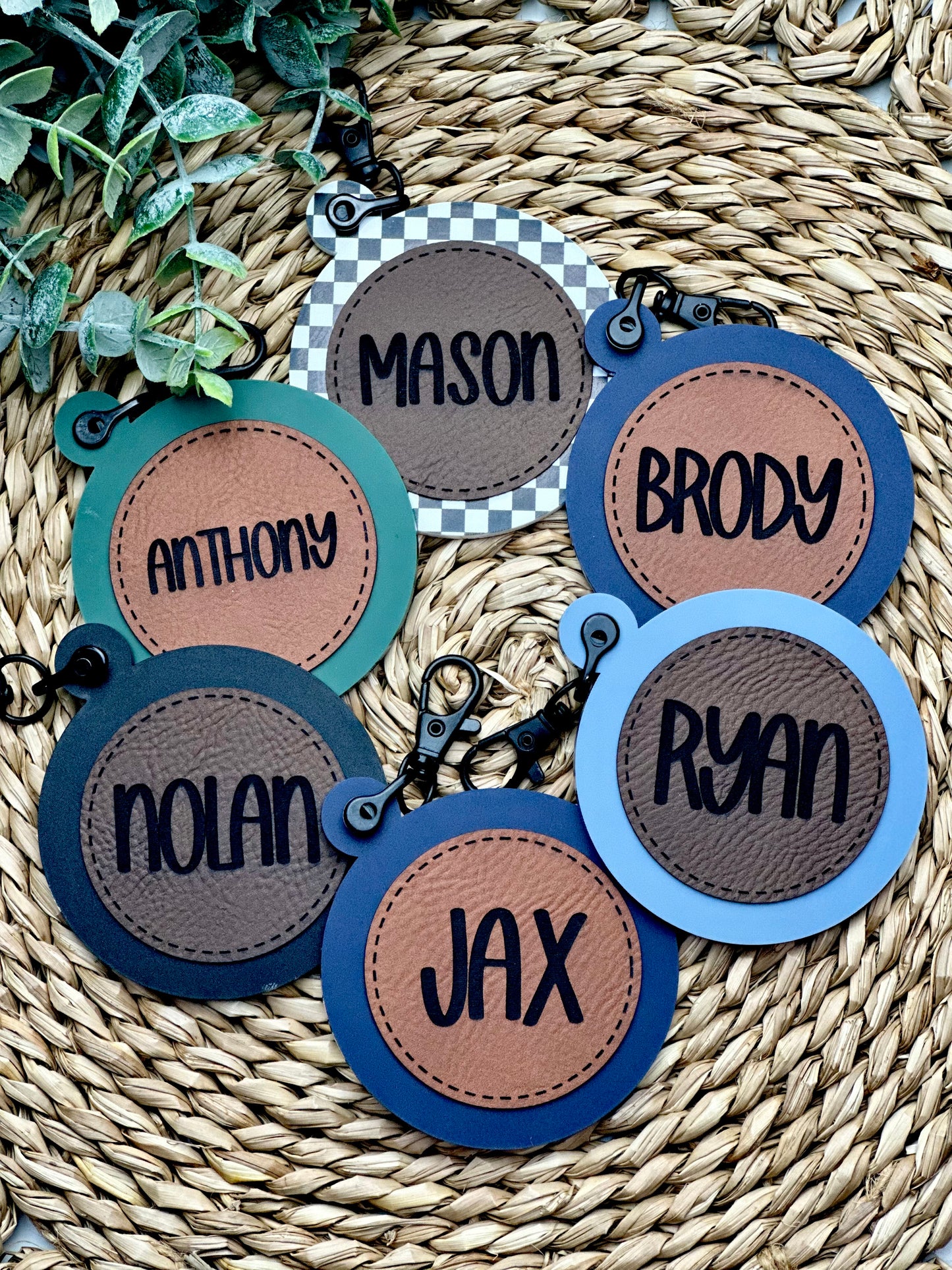 Round Acrylic Bag Tag w/ Leatherette Patch