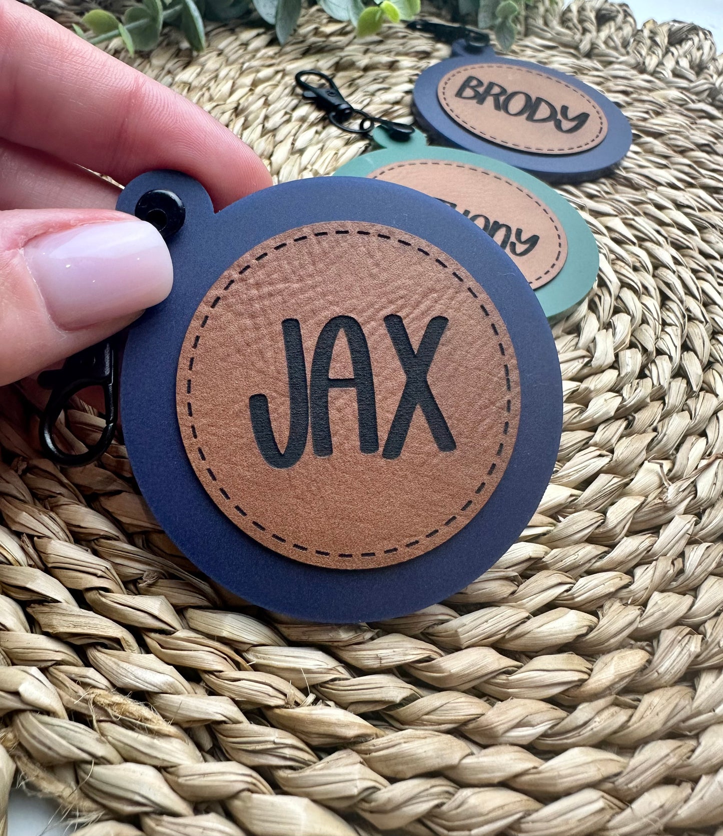 Round Acrylic Bag Tag w/ Leatherette Patch