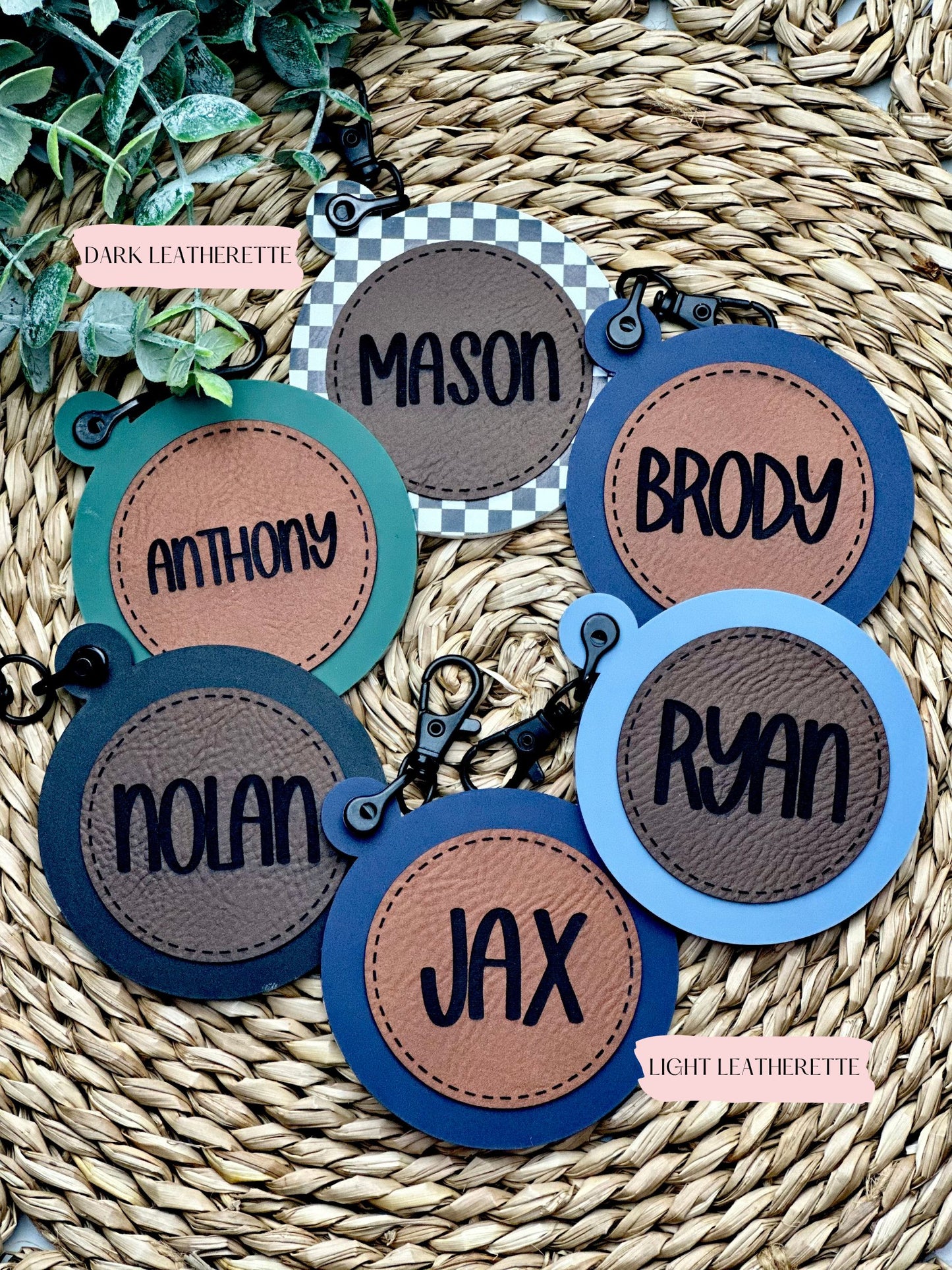 Round Acrylic Bag Tag w/ Leatherette Patch